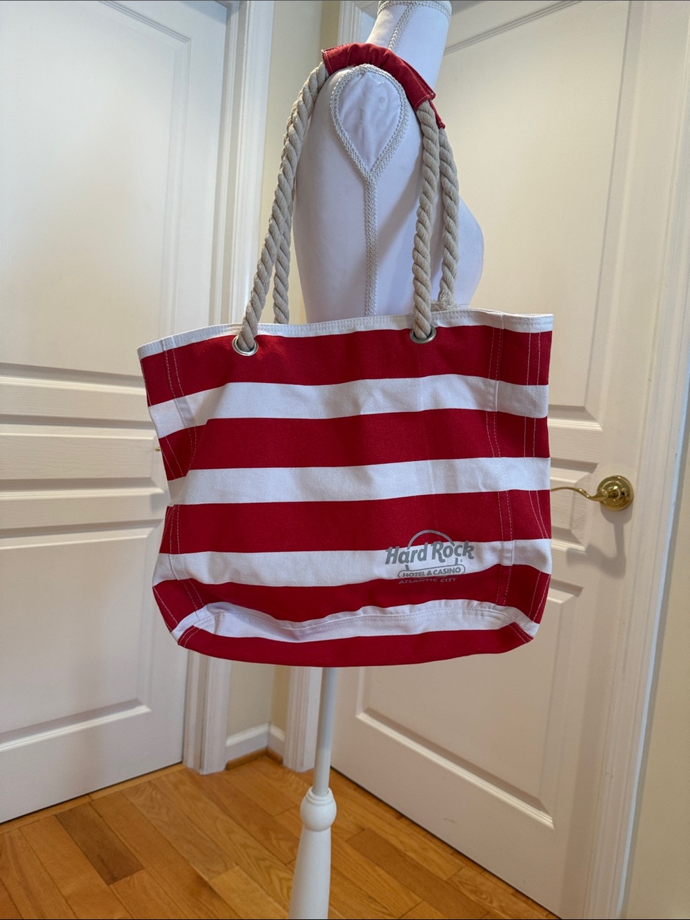 Hard Rock Cafe Red & White Striped Rope-Handle Tote Bag
